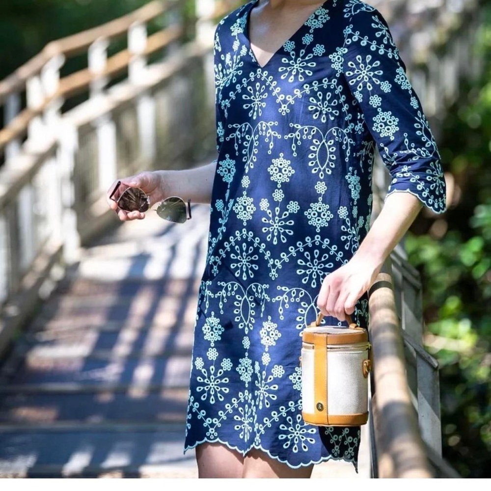 Sail to Sable Embroidered Eyelet Dress Navy and Cerulean Blue Medium